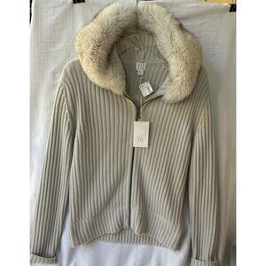 NWT! TSE 100% Cashmere & Finland White Fox Gray Ribbed Sweater w/ Zipper Hooded